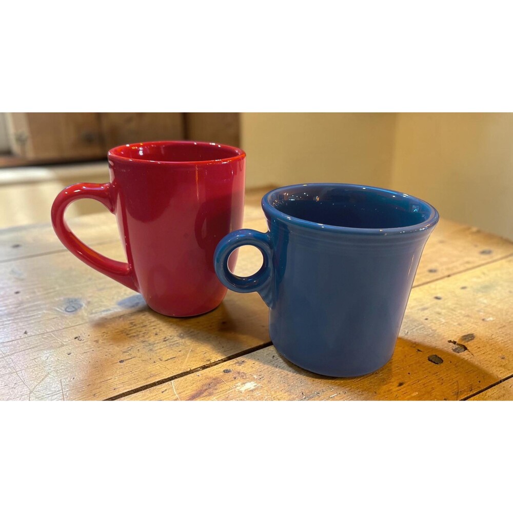 Set of 2 Solid Ceramic Coffee Mugs - Fiestaware Style Lapis Blue Ring Handle & B